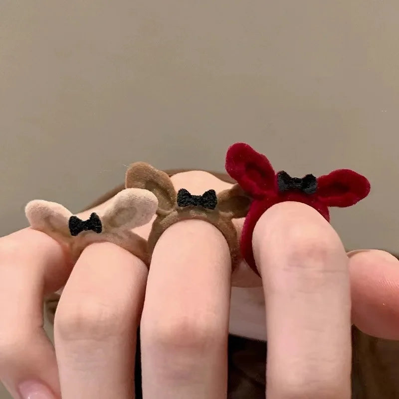 Dospita  -  Cute Open Rings For Women Flocking Rabbit Bowknot Rings Girls Adjustable Cartoon Handmade Plush Finger Ring Jewelry Gift