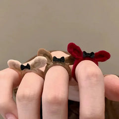 Dospita  -  Cute Open Rings For Women Flocking Rabbit Bowknot Rings Girls Adjustable Cartoon Handmade Plush Finger Ring Jewelry Gift