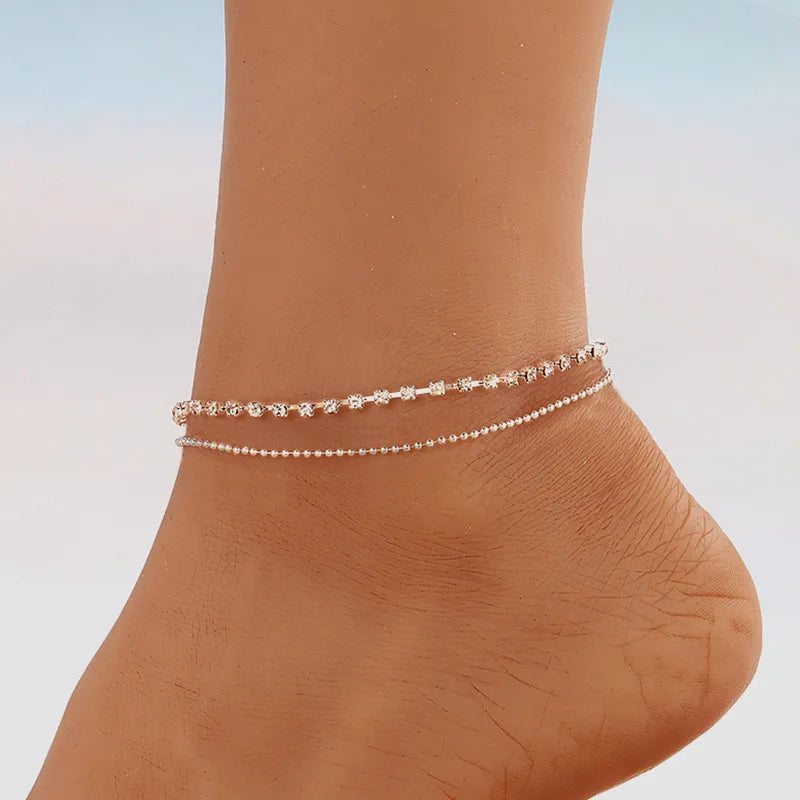 Dospita Bohemian Gold Color Beads Anklets For Women Fashion Cubic Zirconia Anklet Summer Beach Ankle Bracelet Foot Chain Jewelry