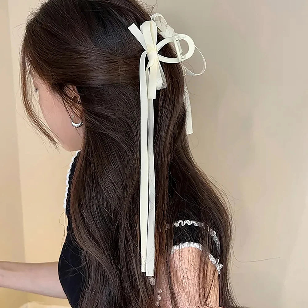 Dospita Korean Black Bow Long Ribbon Hair Clip Headdress Sweet Ballet Princess Y2K Girls Hair Claws Hairpin Women Hair Accessories