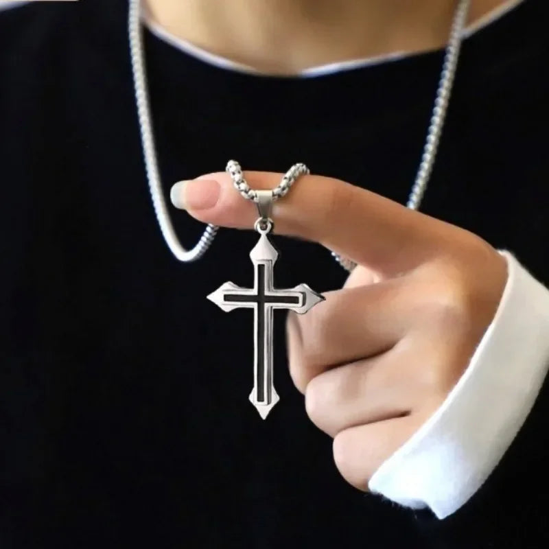 Dospita  -  Punk Cross Pendant Necklace Women Men Gothic Stainless Steel Long Link Chain Hip Hop Streetwear Collarbone Jewelry Gifts