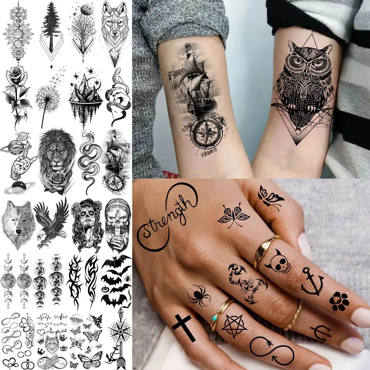 Dospita  -  66 Sheets Black Dragon Temporary Tattoos For Adults Men Arm Thigh Tattoos Fake Tiger Lion Devil Skull Tatoos Body Art Painting