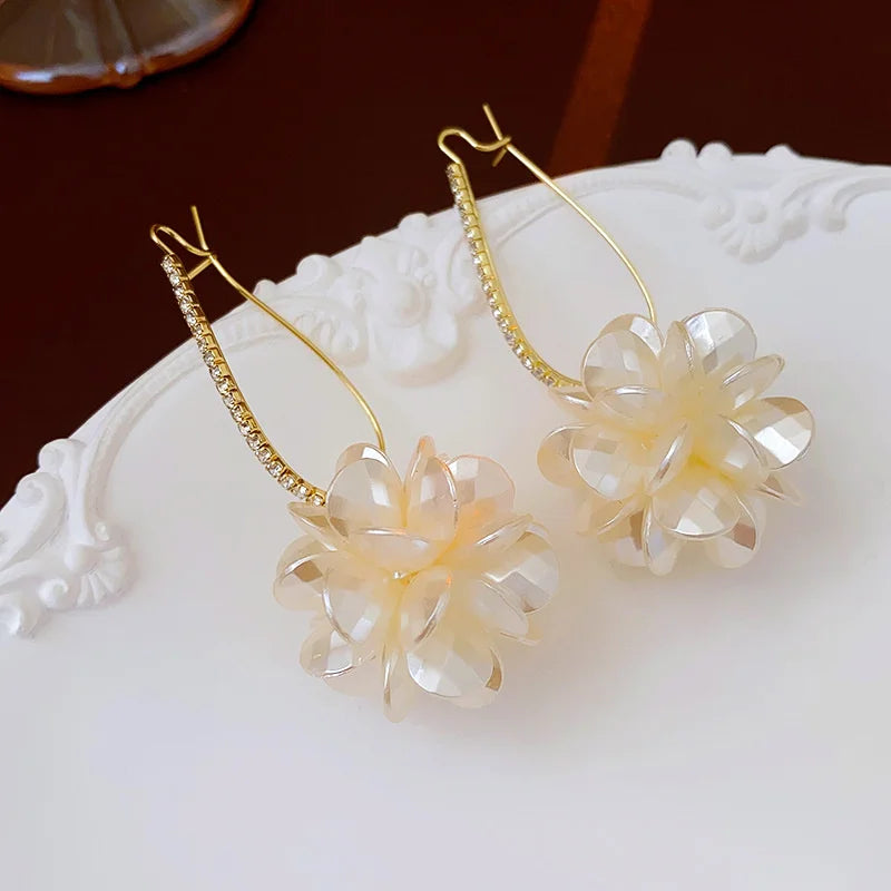 Dospita  -  Summer Long Flower Earrings Hand-made Pearl Beaded Korean Fashion Shiny Earrings Sweet Jewelry Gifts Wholesale