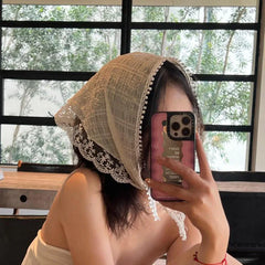 Dospita  New White Woven Floral Lace Hair Scarf Wraps Women Vintage Triangle Headscarf Hat Travel Photo Headband Hair Accessories