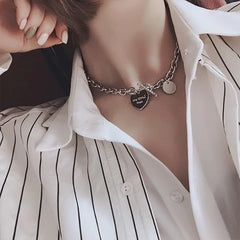 Dospita  -  Collar Heart Necklace For Women Punk Stainless Steel Chain Hip Hop Fashion Simple Letter Chokers Statement Goth Jewelry