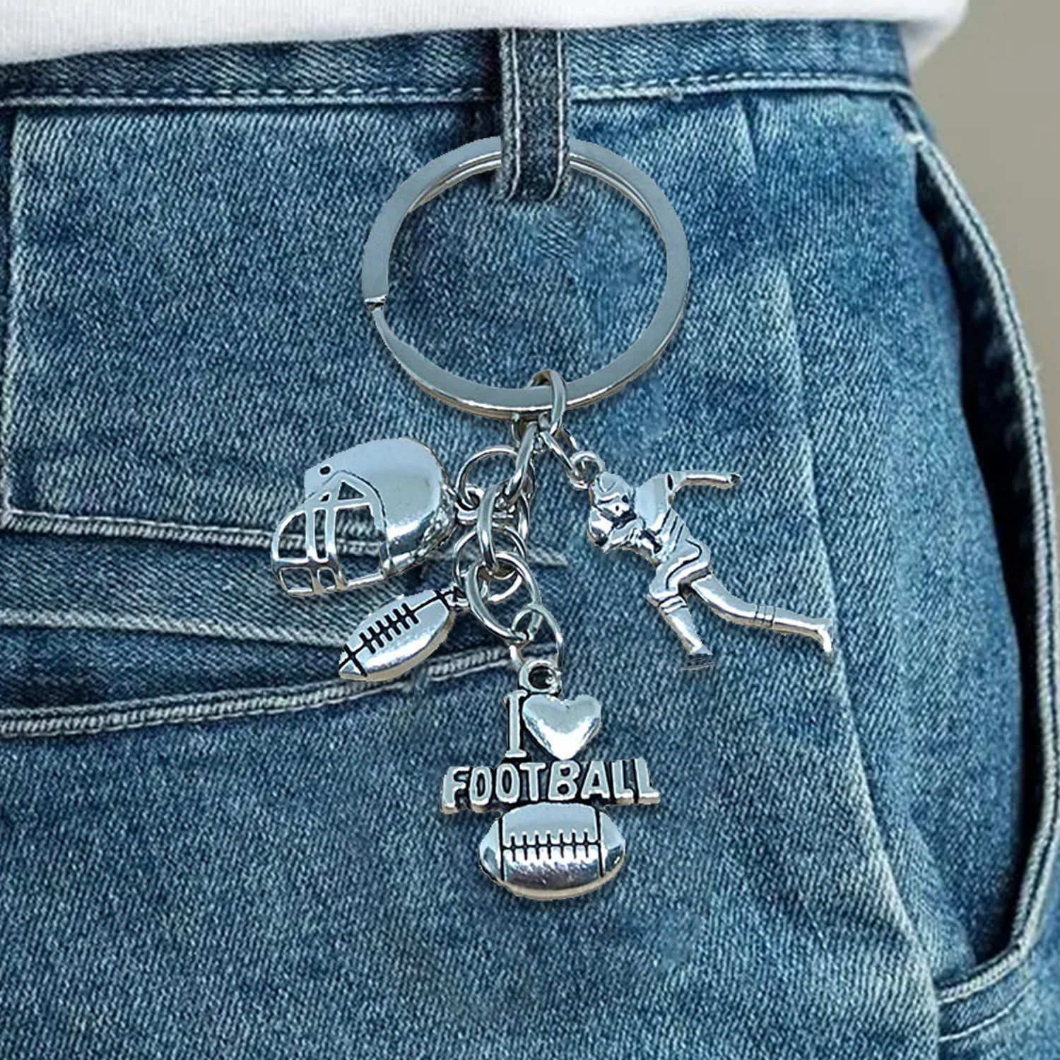 Dospita Fashion Keychain I Love Football Antique Series Pendant DIY Jewelry Rugby Player Helmet Pendant Key Chain Ring Holder For Gift