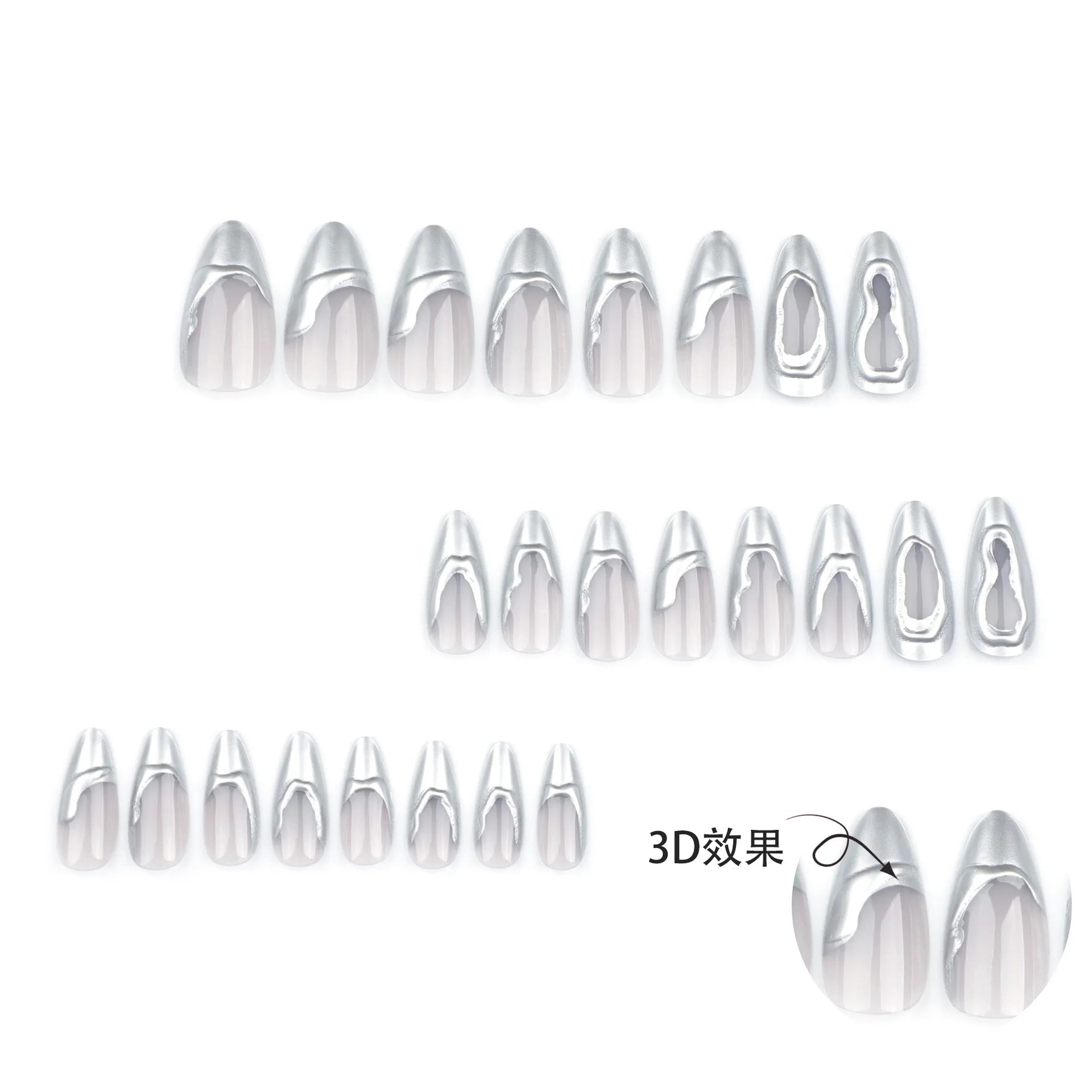 Dospita 24pcs French Sliver Fake Nails 3D Sliver Mirror Design Almond Press on Nails for Girls Full Cover Wearable Y2k False Nail Tips