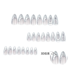 Dospita 24pcs French Sliver Fake Nails 3D Sliver Mirror Design Almond Press on Nails for Girls Full Cover Wearable Y2k False Nail Tips