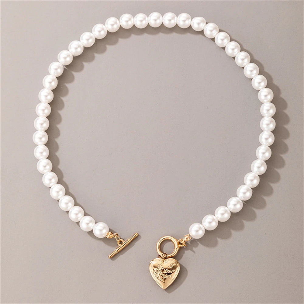 Dospita Vintage Elegant Big Pearl Choker Necklace with OT Buckle Classic Gold Heart Pendant Necklace for Women Jewelry Gifts