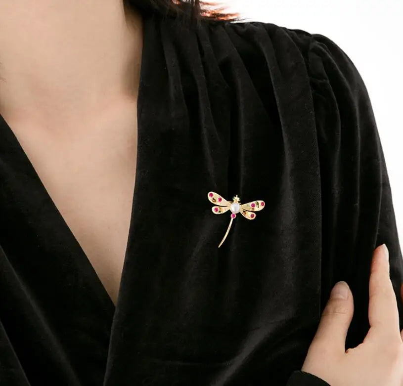 Dospita Metal Alloy Dragonfly Brooches For Women Vintage Insect Pink and Green Crystal Brooch Pins Clothing Coat  Accessories Jewelry