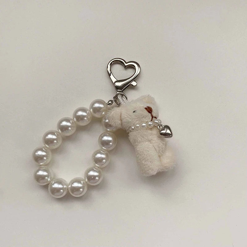 Dospita  -  Plush Teddy Bear Pearl Bracelets Cell Phone Chain Cute Doll Bag Charms Keychain Pendant Girl Heart Hanging Ornament