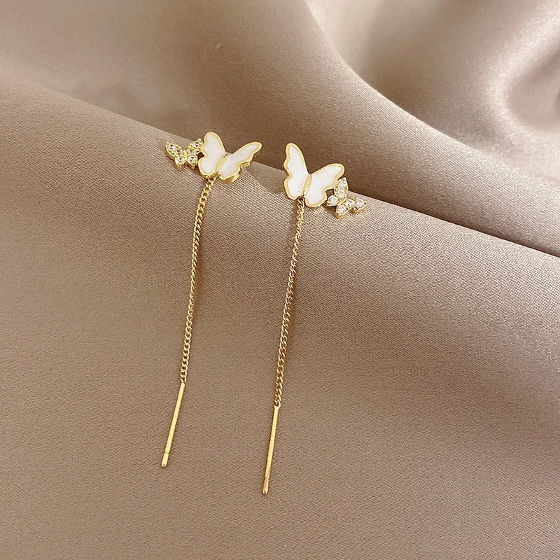 Dospita  -  New Elegent Butterfly Long Tassel Ear Line Dangle Earrings For Women Korean Sweet Temperament Pearl Drop Earrings New Jewelry