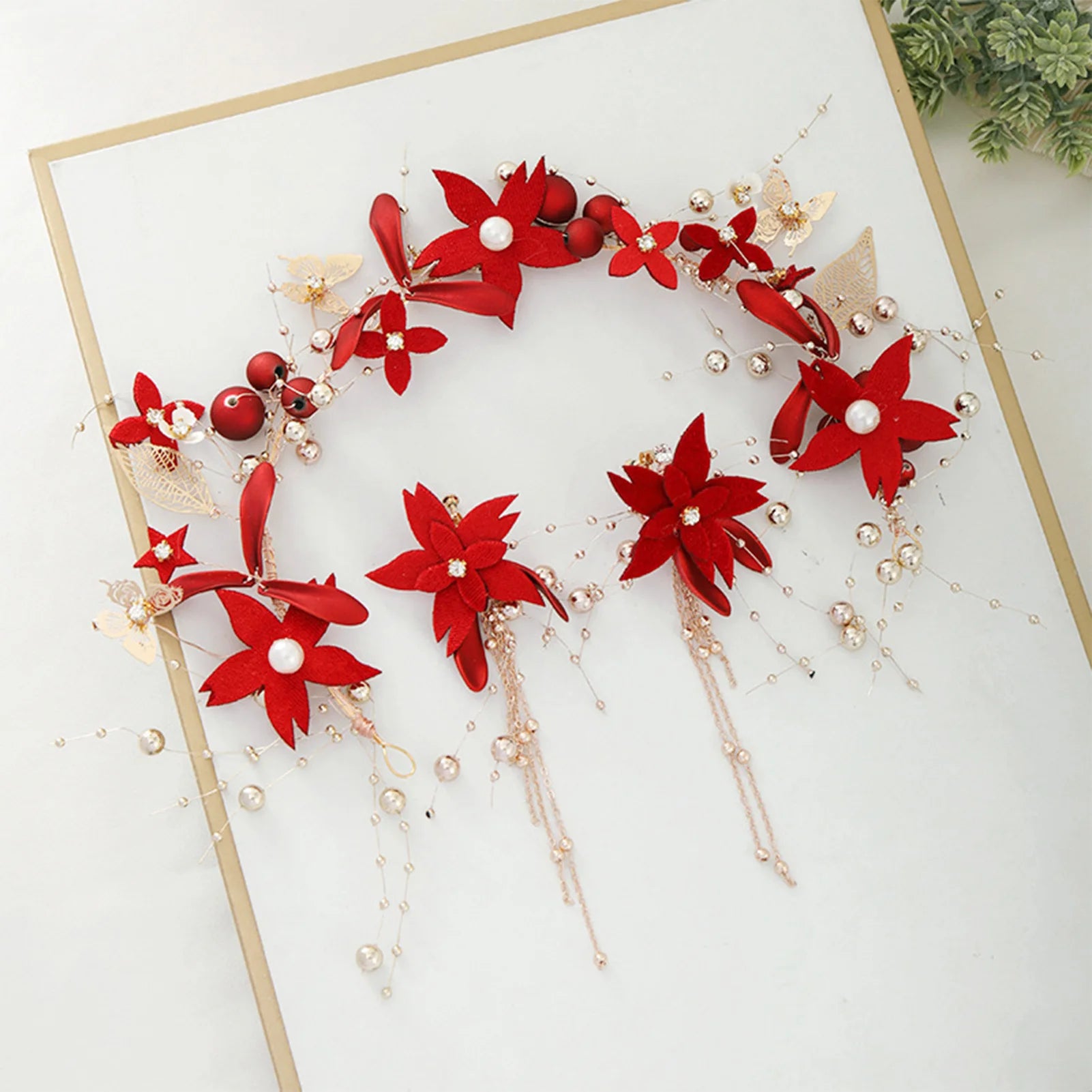 Dospita Red Flowers Headband Hairpins Earring With Tassel Set Handmade Chinese Style Hairband Bridal Wedding Hair Accessories Headdress