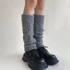 Dospita Women Winter Warm Wool Knitted Leg Warmers Metal Label Korean Calf Socks Vintage Y2K Harajuku Pile Long Socks Leg Covers