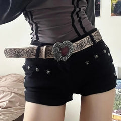 Dospita Gothic punk retro Vintage Knurling Belt Red Heart Shape Buckle Belts Women Dark Style Waistband Y2k Punk Trend Individual All-match Belts