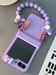 Dospita Cute Bow Beads Bracelet Purple Hinge Phone Case for Samsung Galaxy Z Flip 5 4 3 Flip4 Zflip5 Cover