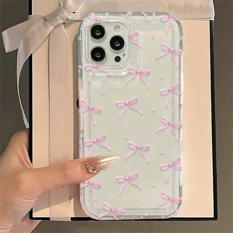 Dospita  -  Cute Pink Heart Bow Case for IPhone 16 15 14 13 12 11 Pro Max 13 12Mini XS XR 7 8Plus SE Shockproof Soft Clear Cases Coque