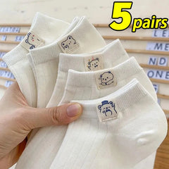 Dospita  -  5 Pairs/lot Cute White Socks Girls Women Low Cut Cotton Solid Socks Bear Woven Label Summer Spring Breathable Ankle Short Sock