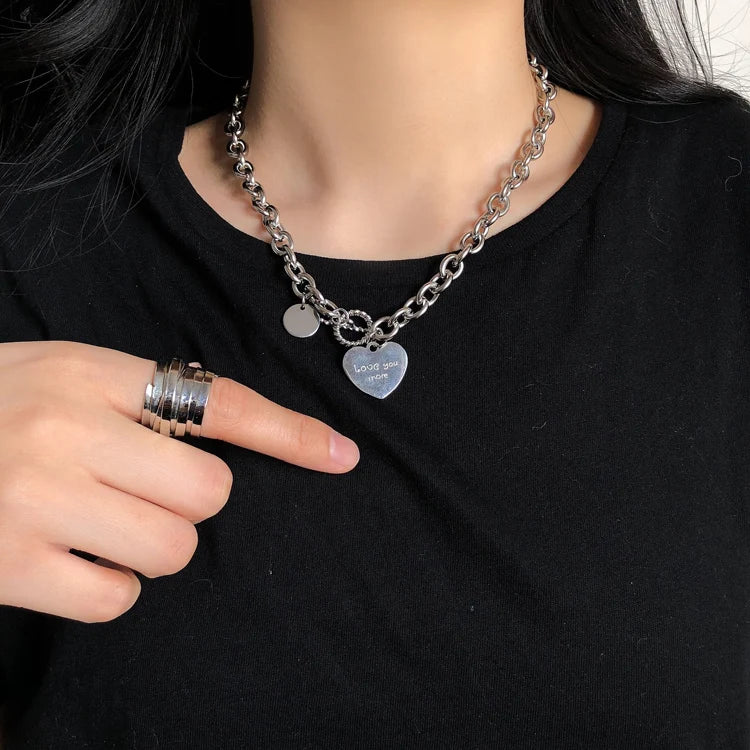 Dospita  -  Collar Heart Necklace For Women Punk Stainless Steel Chain Hip Hop Fashion Simple Letter Chokers Statement Goth Jewelry