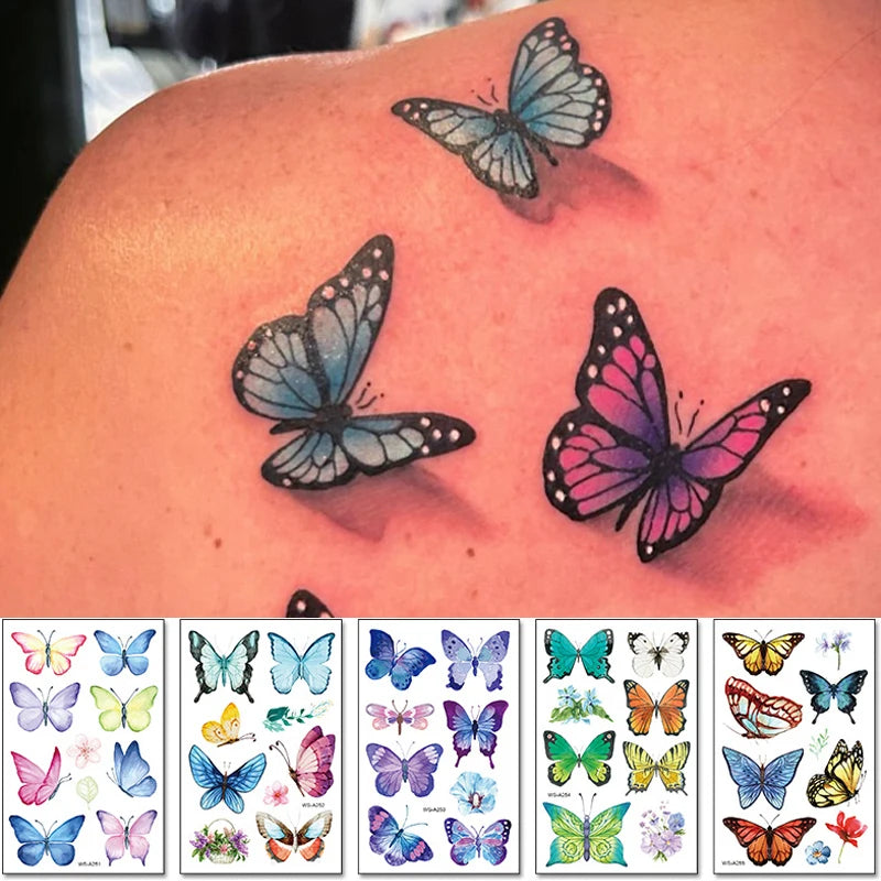 Dospita  -  Black Butterfly Temporary Tattoo Sticker Colorful Flower Body Legs Arm Art Realistic Fake Tattoo Festival Party Bikini Tattoos