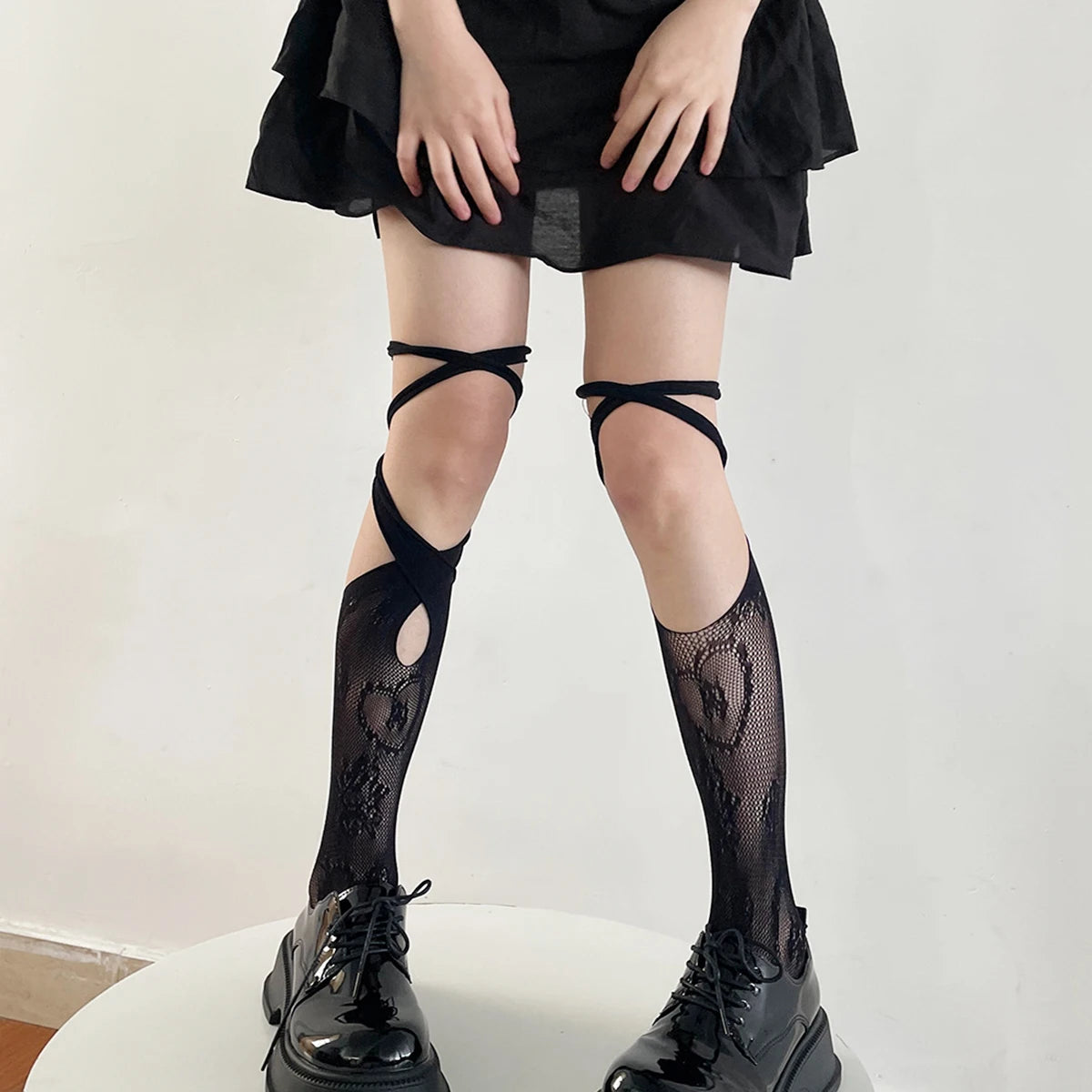 Dospita Jk Lace Mesh Stockings Tie Fishnet Stockings Irregular Calf Socks Japanese Women's Middle Tube Socks Straps Sexy Long Thin Socks