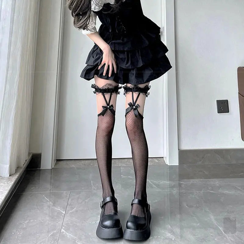 Dospita Lolita Socks Stockings Warm Thigh High Lolita Bow Over The Knee Long Tube Socks JK Girl Lolita Net Yarn Cotton JK Stockings