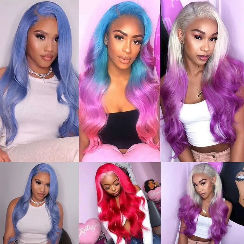 Dospita 13x4 Lace Frontal Body Wave Blue Color Human Hair Transparent Lace Front Wig Pink Colored Wavy Wig Brazilian Remy Hair For Women