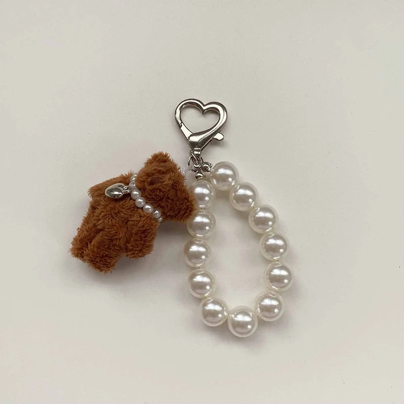 Dospita  -  Plush Teddy Bear Pearl Bracelets Cell Phone Chain Cute Doll Bag Charms Keychain Pendant Girl Heart Hanging Ornament