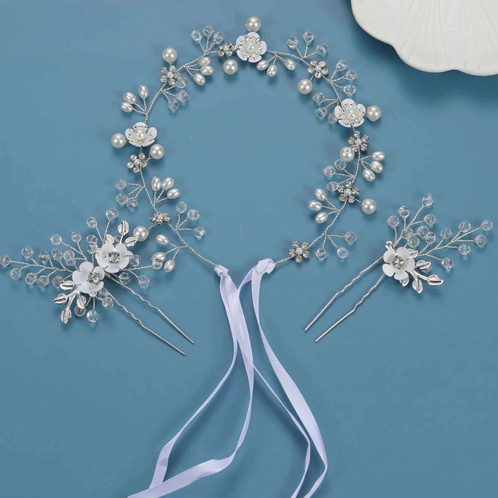 Dospita White Flower Headbands Super Fairy Pearls Rhinestone Hairbands With Hairpins Women Bride Headdress Hair Jewelry Accessories