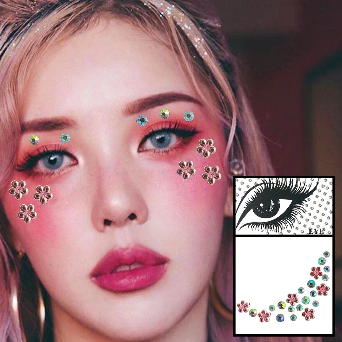 Dospita  -  Red Heart Face Jewelry Temporary Tattoos Eye Forehead Diamonds Jewels Makeup Sticker Sparkle Water Drop Gems Nail Art Festival