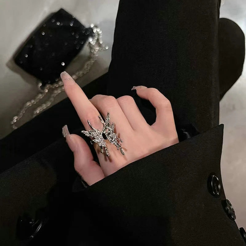 Dospita Punk Irregular Butterfly Rings For Women Y2K Liquid Metal Butterfly Earring Aesthetic Egirl Gothic Insect Open Rings Jewelry