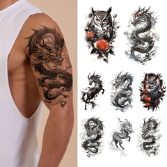 Dospita  -  8pcs Waterproof Temporary Tattoo Sticker Flying Dragon Owl Rose Flowers Dark Animal Body Art Arm Fake Tattoos Sleeve Women Men