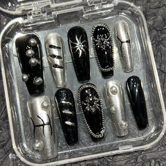 Dospita 10pcs Handmade Press on Nails Punk Heavy Metal European Fake Nails Black Sliver Spider Design Ballet Coffin False Nail Tips