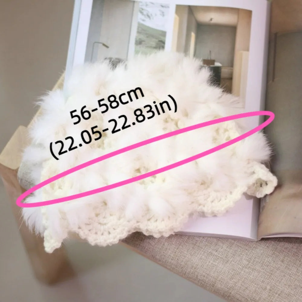 Dospita Trendy Knitted Hand Crochet Cap Korean Style Warm Faux Fur Hat Fluffy Casual Mesh Cap Women