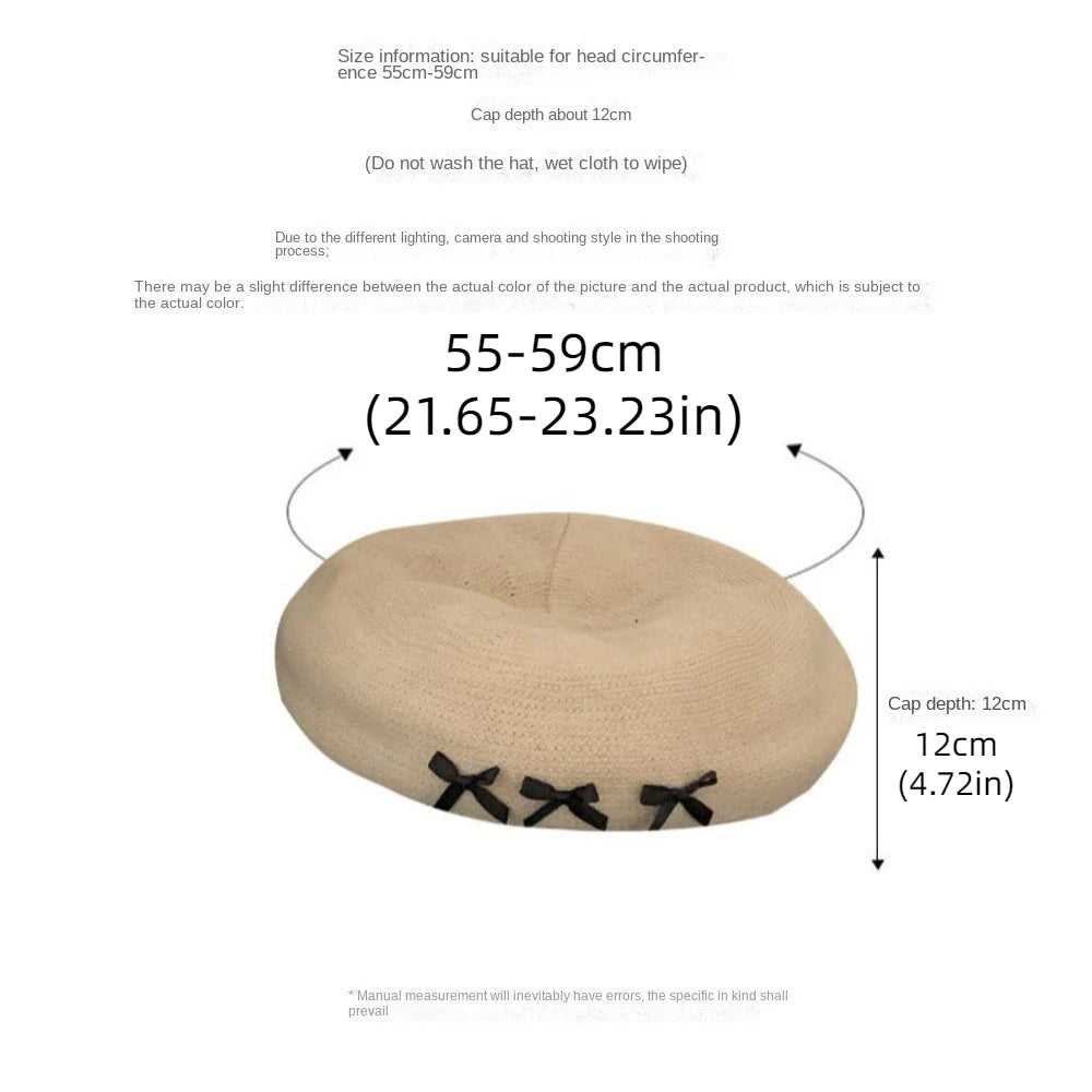 Dospita Temperament Thin Bow Knitted Berets Cute Y2K Newsboy Cap Japanese Style Solid Color Painter Hat Four Seasons