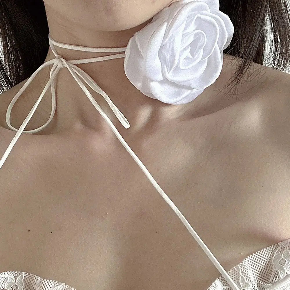 Dospita  -  Long Rope Rose Flower Choker Neck Accessories Adjustable Wedding Necklace with Large Flower Romantic Necklace