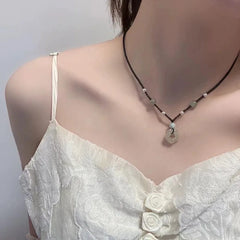 Dospita  -  Peace Buckle Pendant Necklace Hollow Jade Charms Necklace Chinese Style Clavicle Chain Leather Rope Sweater Necklace