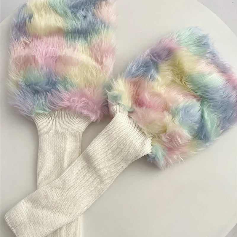 Dospita Cute Colorful Rainbow Leg Warmer Plush Imitation Fur Japanese Women Knitted Over Knee Tube  Winter Warm Long Leg Cover Socks