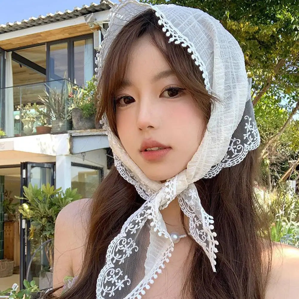 Dospita Summer Lace Triangle Headscarf Woman Headwear Korean Square Scarf Headband Hair Accessories Sweet Turban Cap Girl Court Bonnet