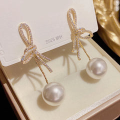 Dospita 2024 New Korean Exquisite Bow Pearl Stud Earrings For Women Contracted Crystal Earring Girl Temperament Jewelry