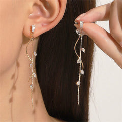 Dospita  -  Long Silver Plated Crystal Leaf Tassel Drop Earrings For Women Wedding Fashion Jewelry Gift