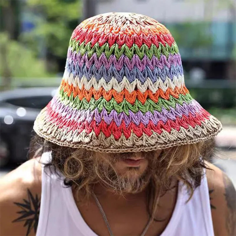 Dospita Spring Summer New Rainbow Woven Straw Hat Bucket Hat Sunblock Shade Wide Brim Hat Breathable Fisherman Hats Beach Straw Cap