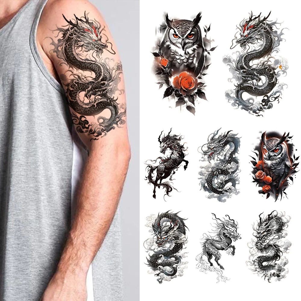 Dospita  -  8pcs Waterproof Temporary Tattoo Sticker Flying Dragon Owl Rose Flowers Dark Animal Body Art Arm Fake Tattoos Sleeve Women Men