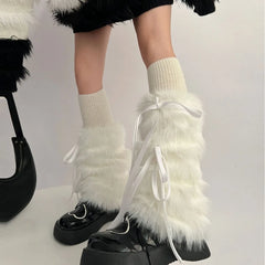 Dospita Kawaii Bow Knot Leg Warmers Thickened Imitation Rabbit Fur Women Leggings Boots Cover Lolita Punk Harajuku Party Accessories