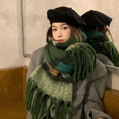 Dospita Retro Imitation Cashmere Scarf Winter Women Fashion Green Mohair Striped Scarves Korean Classic Thicken Warm Soft Shawl