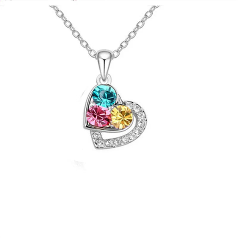 Dospita Trendy Colorful Double Heart Crystal Pendant Necklace Earrings Wedding Jewelry Sets For Women Girls Couple Bridal Wedding Gifts