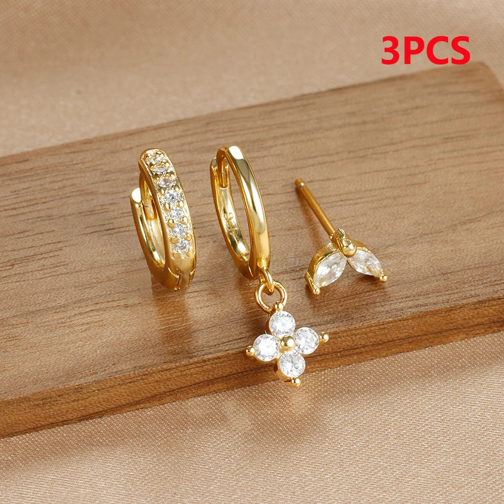 Dospita  -  3PCS Trendy Gold Color Flower Hoop Earrings Set for Women Elegant Stainless Steel Zircon Pendant Huggies Piercing Jewelry aretes