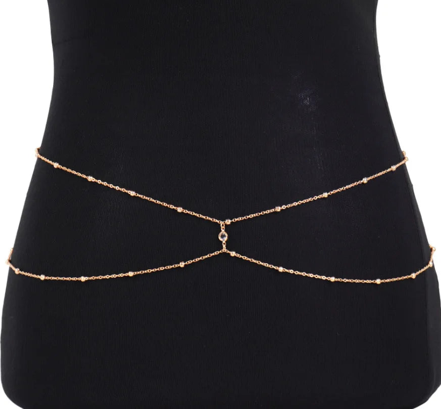 Dospita  -  Clear Rhinestone Beaded Belly Chains For Women Gold Silver Color Metal Beach Bikini Link Chains Waist Body Jewelry Accessory