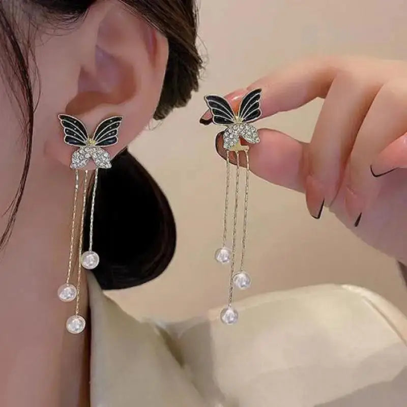 Dospita  -   Needle Purple Butterfly Long Tassel Earrings For Women Jewelry Trending Korean Fashion Luxury Crystal Earrings