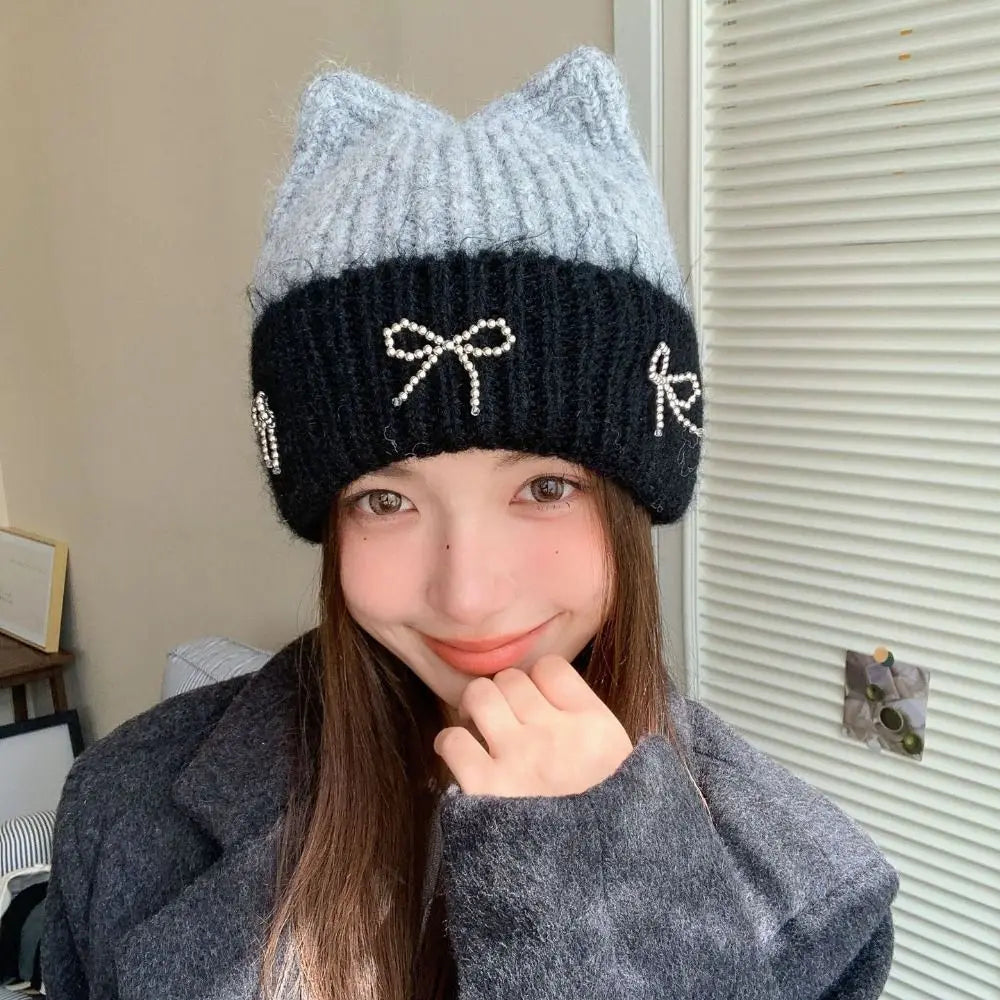 Dospita Retro Contrast Color Cat Ear Knitted Hat Warm Cap Bow Crochet Basin Cap Jennie Style Korean Knit Beanie Warm